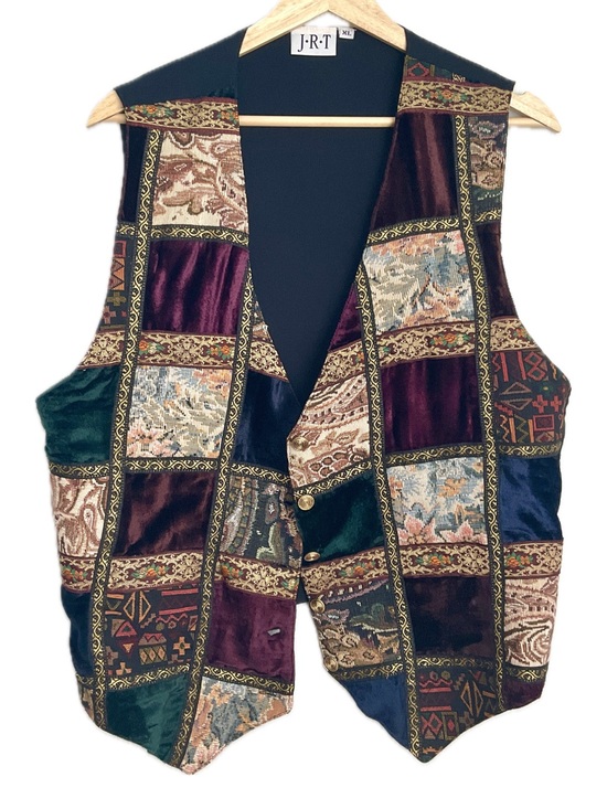 J.R.T Jackets & Blazers - Vintage J.R.T Patchwork Velvet Vest XL in Burgundy & Green 90's